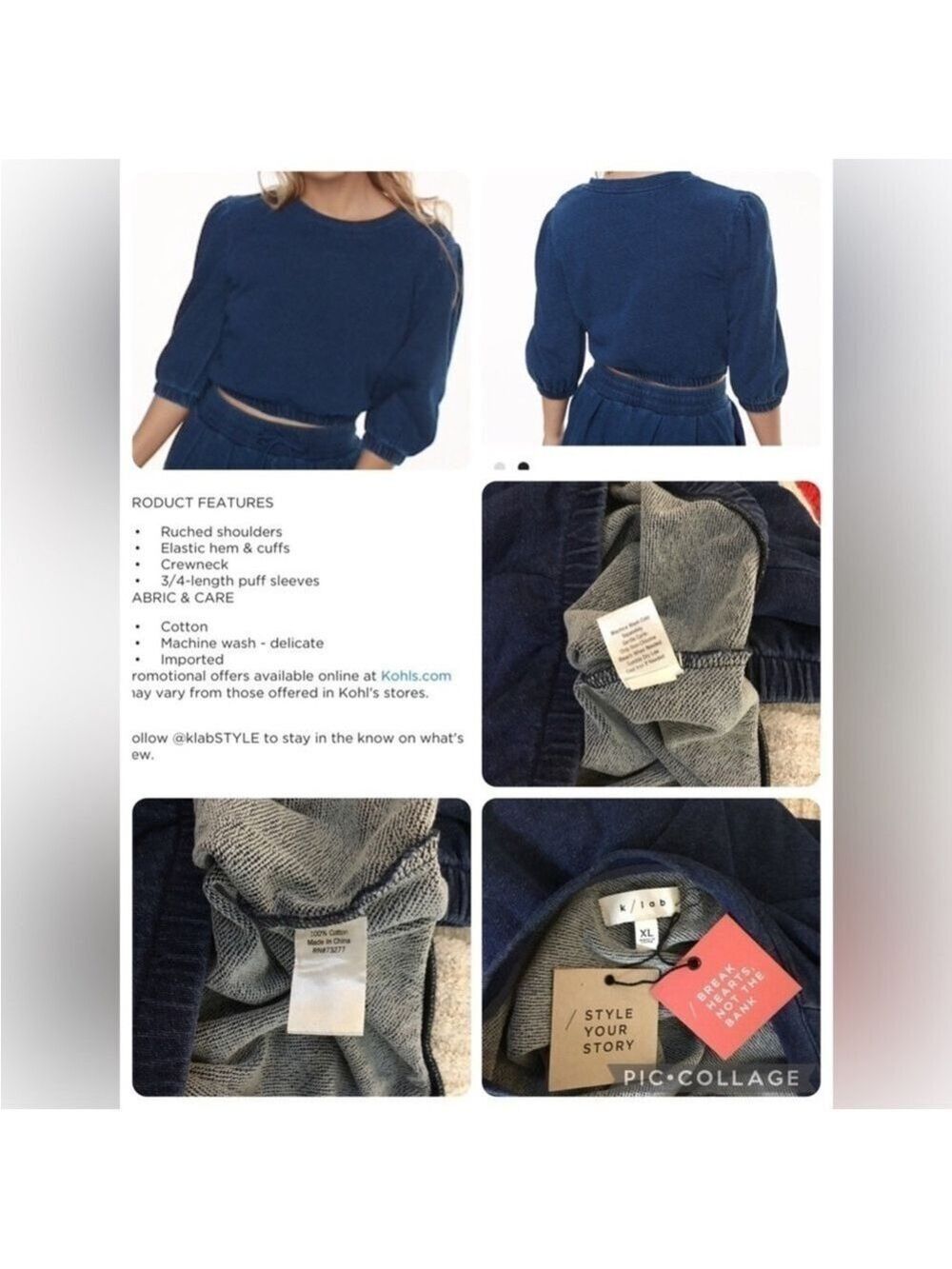 K/lab dark wash great stretch denim look cropped Crewneck top XL - Picture 6 of 11